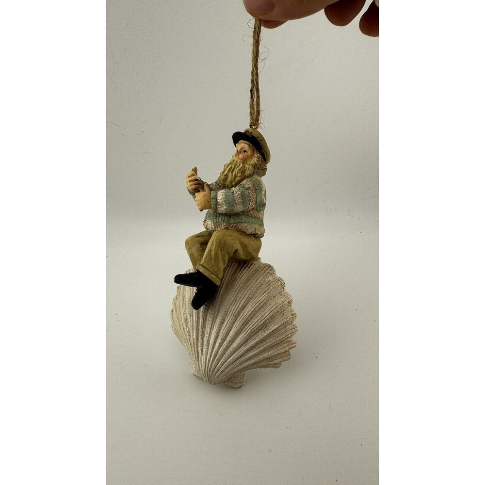 Unique Fisherman Santa Claus Christmas Ornament with Seashell Base